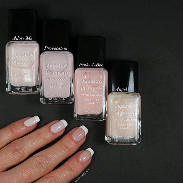 Neutral and pink Phēnom Nail Polishes and a hand with french tips where each nail has a different base colour